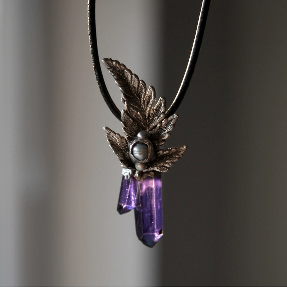 Quartz crystal, pearl, electroformed copper pendant necklace